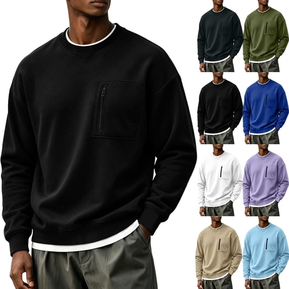 Men's Crewneck Pullover Sweatshirts Oversized Long Sleeve Zip Pocket Loose Fit Casual Everyday Fall Winter Tops
