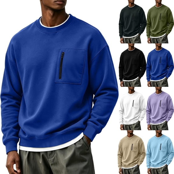 Men's Crewneck Pullover Sweatshirts Oversized Long Sleeve Zip Pocket Loose Fit Casual Everyday Fall Winter Tops