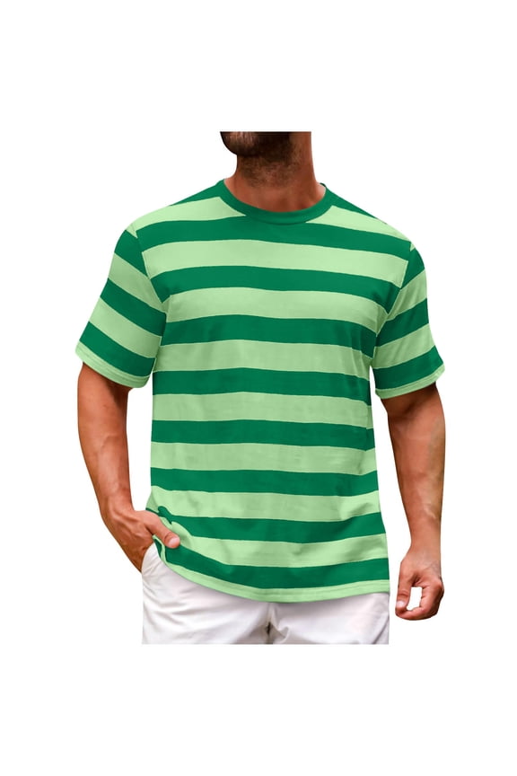 Men's Crewneck Striped T-Shirt Soft Elastic Cotton Tees Summer Casual Tops Big and Tall Size M-4XL Green
