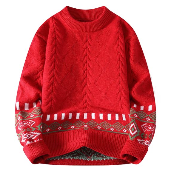 Men's Crewneck Sweaters Trendy Cable Knit Long Sleeve Pullover Vintage Winter Heavy Tops Red 2XL