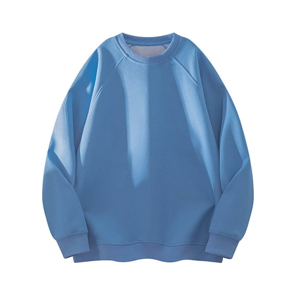 Men’s Crewneck Sweatshirt Cotton Thick Double-Layer Pullover Solid Color Long Sleeve Casual Soft Basic Warm Sweater Sky Blue L