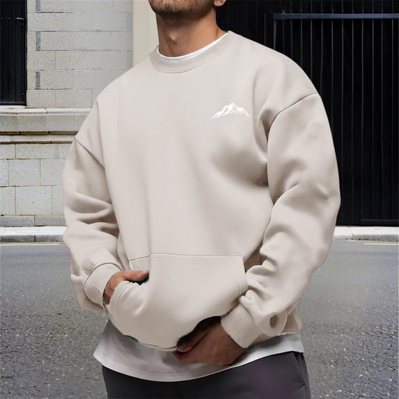 Men's Crewneck Sweatshirt Long Sleeve Athletic Sweatshirts (Beige L)