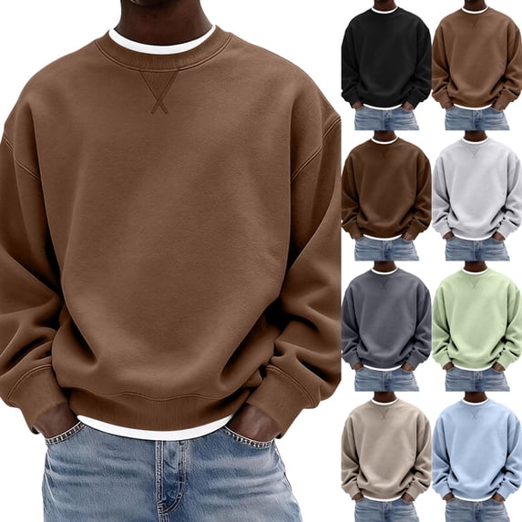 Men's Crewneck Sweatshirt Long Sleeve Fall Oversized Pullover Tops Loose Fit Athletic Comfy Basic Shirts Light Brown 2XL