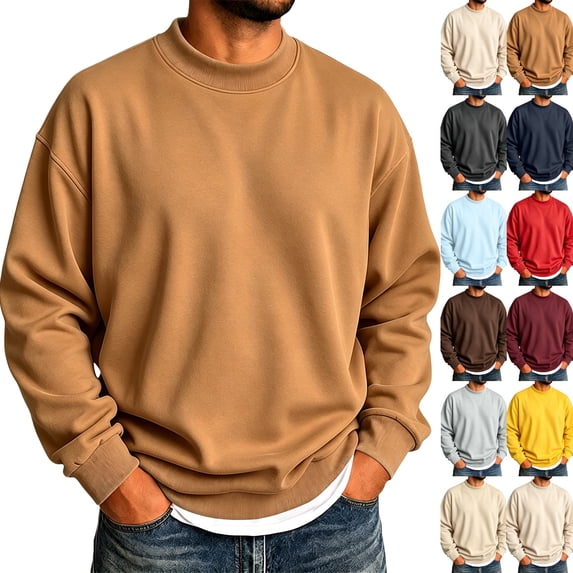 Men's Crewneck Sweatshirt Long Sleeve Fall Oversized Pullover Tops Loose Fit Athletic Comfy Basic Shirts Light Brown M