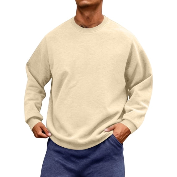 Men's Crewneck Sweatshirt Soft Brushed Fleece Pullover Long Sleeve Plain Casual Basic Athletic Athletic Tops for Fall Winter Beige L