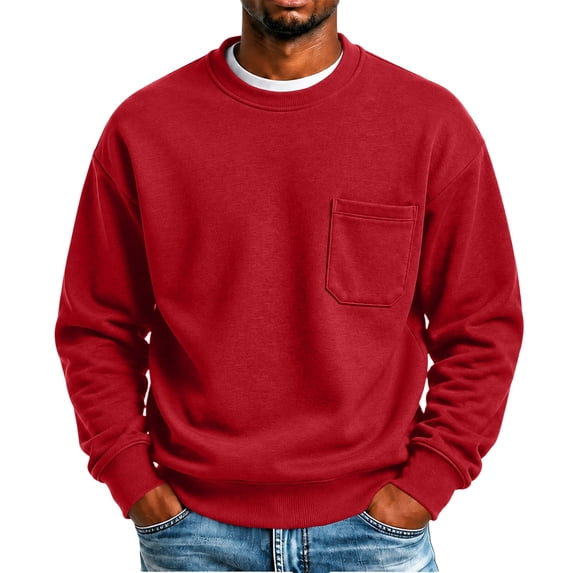 Men's Crewneck Sweatshirt Solid Color Pullover Top with Chest Pocket Relaxed Fit Casual Fall Sweatshirts