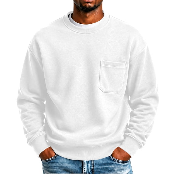 Men's Crewneck Sweatshirt Solid Color Pullover Top with Chest Pocket Relaxed Fit Casual Fall Sweatshirts