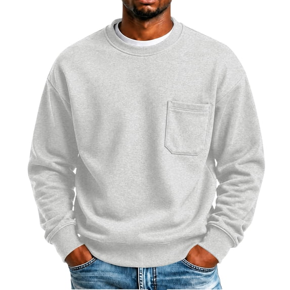 Men's Crewneck Sweatshirt Solid Color Pullover Top with Chest Pocket Relaxed Fit Casual Fall Sweatshirts