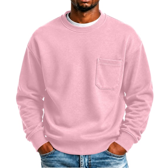 Men's Crewneck Sweatshirt Solid Color Pullover Top with Chest Pocket Relaxed Fit Casual Fall Sweatshirts