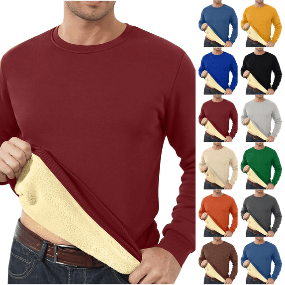 Men's Crewneck Sweatshirt Warm Sherpa Lined Thermal Sweatshirts Heavyweight Long Sleeve Winter Fleece Pullover Shirt Wine M