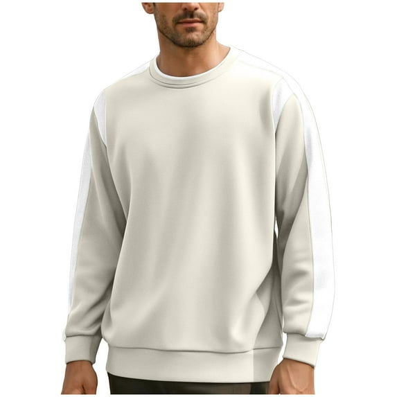 Men's Crewneck Sweatshirts Color Block Patchwork Terry Sweatshirt Casual Long Sleeve Workout Pullover Shirt Tops (3XL, Khaki)