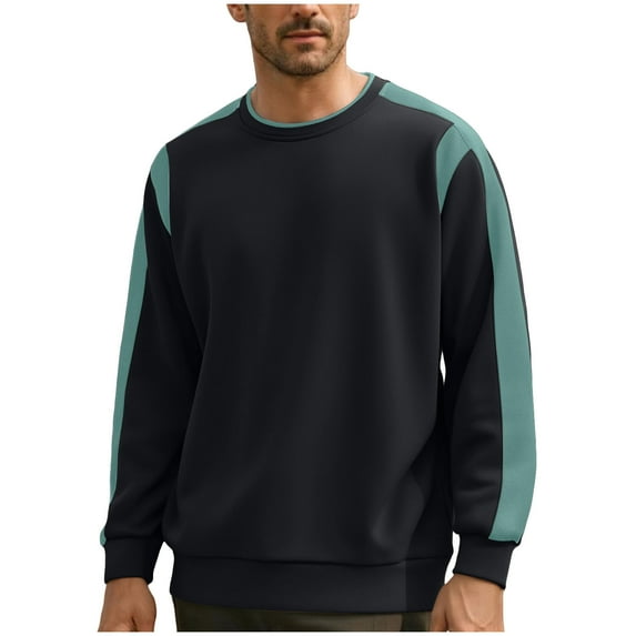 Men's Crewneck Sweatshirts Color Block Patchwork Terry Sweatshirt Casual Long Sleeve Workout Pullover Shirt Tops (L, Black)