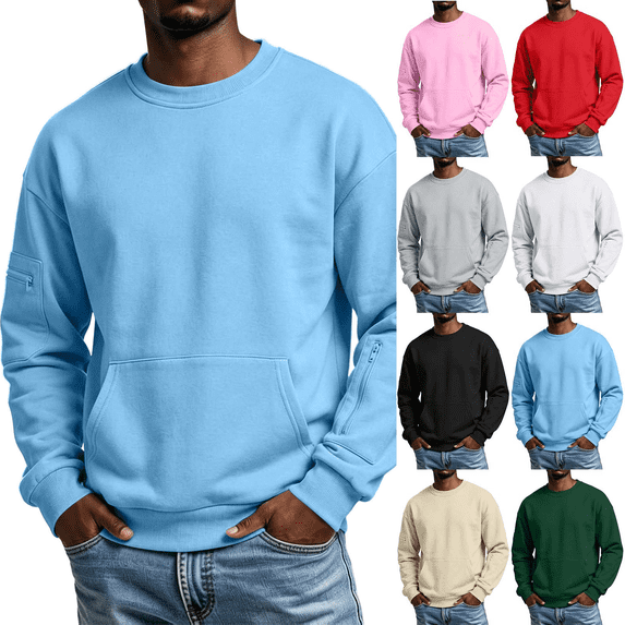Men's Crewneck Sweatshirts Loose Fit Athletic Pullover Sweatshirt Solid Long Sleeve Workout Tops with Multiple Pockets