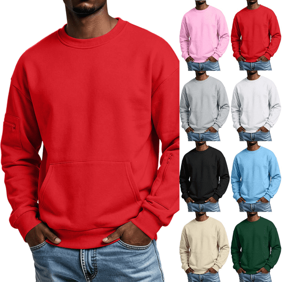 Men's Crewneck Sweatshirts Loose Fit Athletic Pullover Sweatshirt Solid Long Sleeve Workout Tops with Multiple Pockets