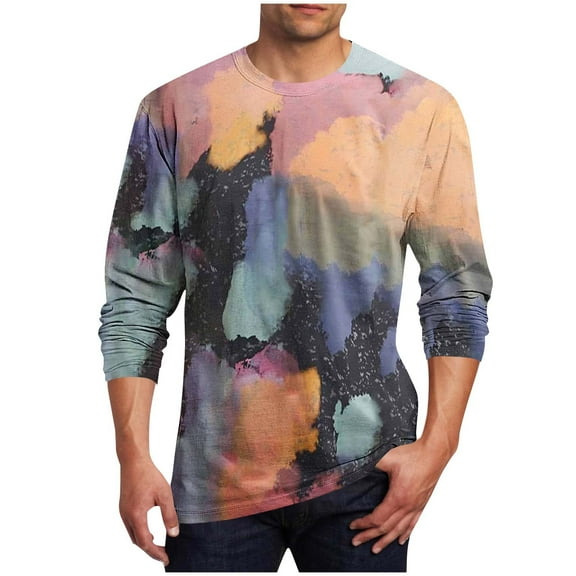 Men's Crewneck T Shirt Casual Long Sleeve Plus Size Heavyweight Tee Printed Relaxed Soft Big & Tall Pullover Tops