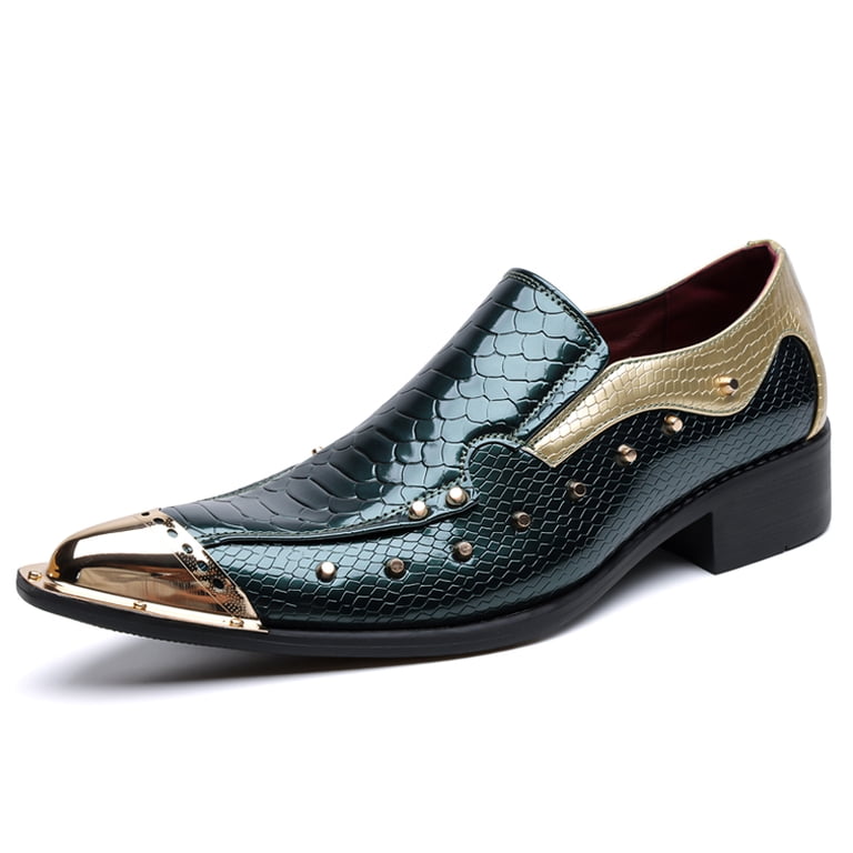 Men's Croc-Embossed Leather Dress Loafers, Pointed-Toe Slip-On Shoes with Gold Rivets and Metal Toe Cap for Party, Stage, and Formal Events