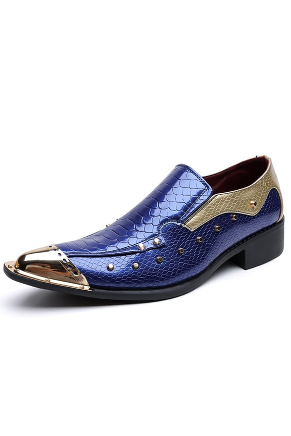 Men's Croc-Embossed Leather Dress Loafers, Pointed-Toe Slip-On Shoes with Gold Rivets and Metal Toe Cap for Party, Stage, and Formal Events