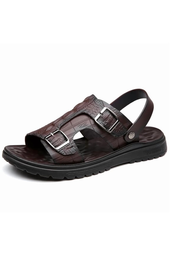 Men's Croc-Embossed Leather Sandals, Adjustable Buckle 2-in-1 Summer Slippers