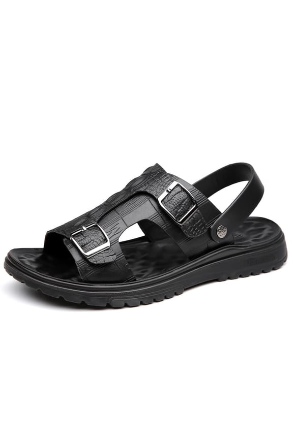 Men's Croc-Embossed Leather Sandals, Adjustable Buckle 2-in-1 Summer Slippers