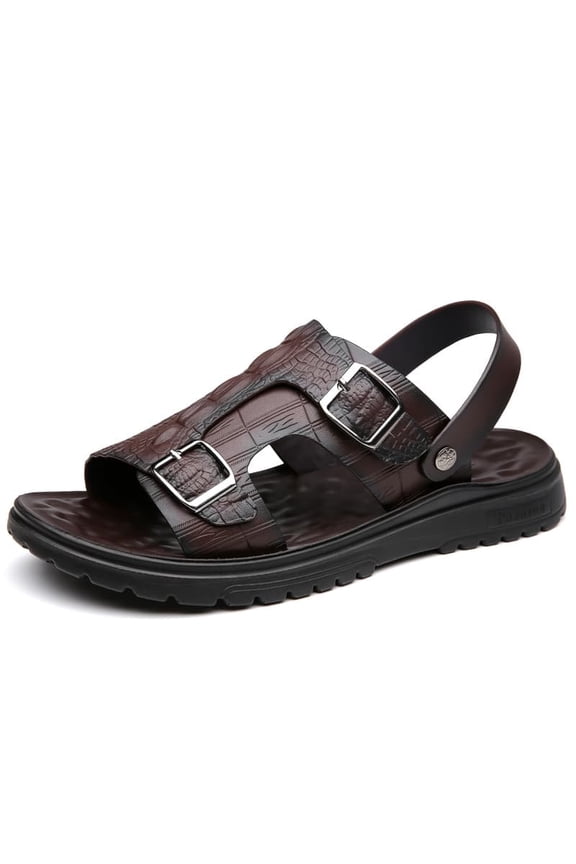 Men's Croc-Embossed Leather Sandals, Adjustable Buckle 2-in-1 Summer Slippers