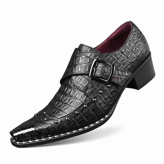 Men's Croc-Embossed Monk Strap Dress Shoes, Pointed Toe, Block Heel, Studded Casual Loafers Business Dress Shoes