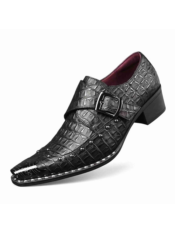 Men's Croc-Embossed Monk Strap Dress Shoes, Pointed Toe, Block Heel, Studded Casual Loafers Business Dress Shoes