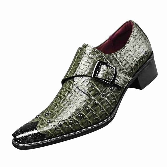 Men's Croc-Embossed Monk Strap Dress Shoes, Pointed Toe, Block Heel, Studded Casual Loafers Business Dress Shoes