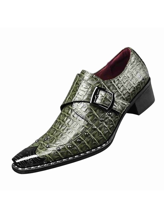 Men's Croc-Embossed Monk Strap Dress Shoes, Pointed Toe, Block Heel, Studded Casual Loafers Business Dress Shoes