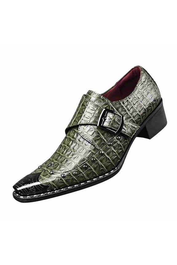 Men's Croc-Embossed Monk Strap Dress Shoes, Pointed Toe, Block Heel, Studded Casual Loafers Business Dress Shoes