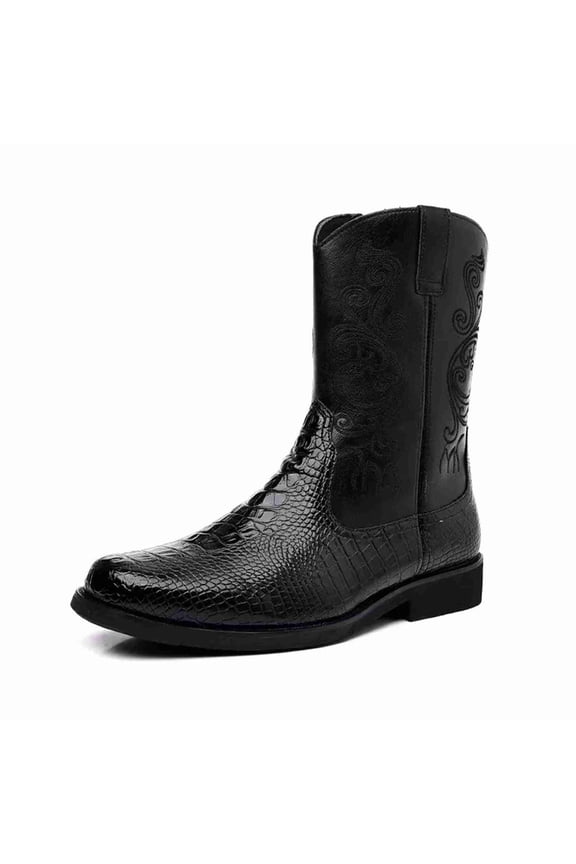 Men's Croc-Embossed Western Cowboy Boots, Mid-Calf Embroidered Dress Boots with Side Zipper, Casual Leather Boots for Men, Black/Brown
