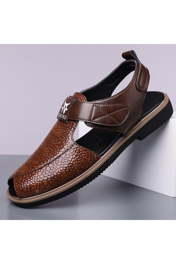Men's Croc Pattern Closed Toe Leather Sandals Adjustable Velcro Back Strap Shoes