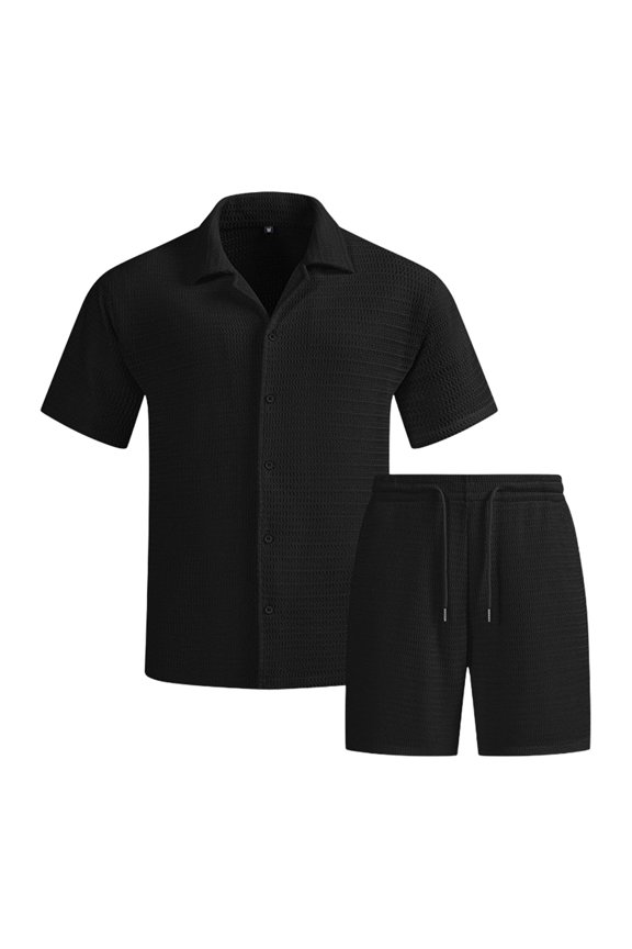 Men's Crochet 2 Piece Short Set Summer Beach Outfits Knited Hollow Out Button Down Shirt and Shorts Hawaiian Matching Sets Size 2XL Black