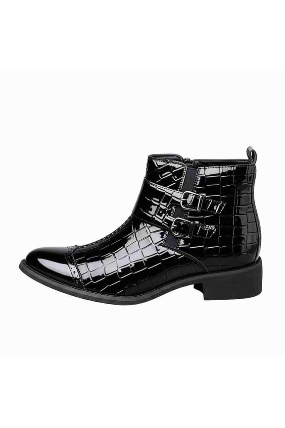 Men's Crocodile-Embossed Patent Leather Chelsea Boots with Double Buckle Strap, Low Heel Pointed Toe Cowboy Boots