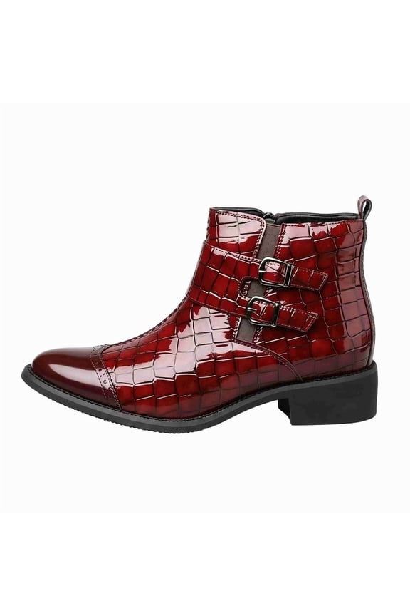 Men's Crocodile-Embossed Patent Leather Chelsea Boots with Double Buckle Strap, Low Heel Pointed Toe Cowboy Boots
