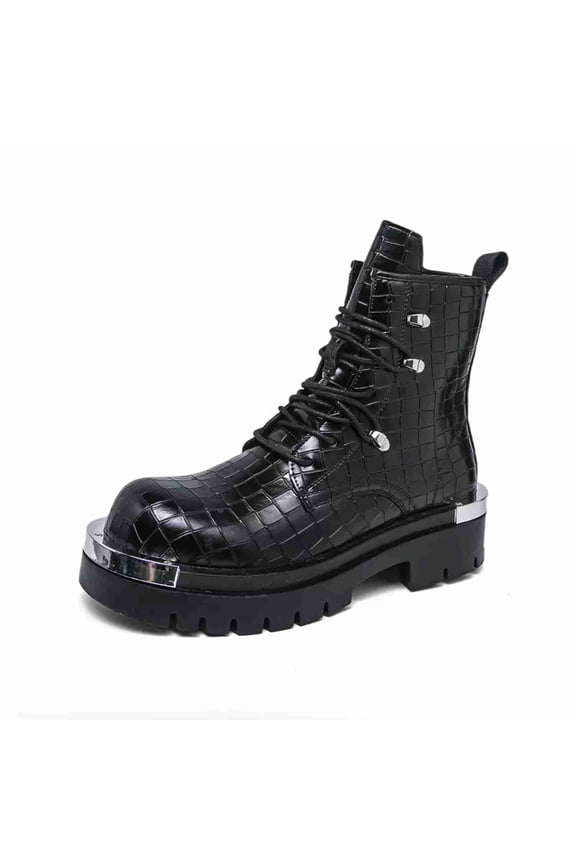 Men's Crocodile-Embossed Platform Combat Boots - Lace-Up Chunky Sole Ankle Boots with Metal Toe Cap, Work Boots for All Seasons