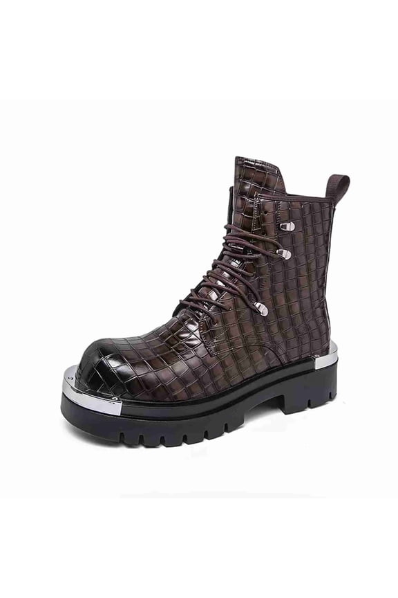 Men's Crocodile-Embossed Platform Combat Boots - Lace-Up Chunky Sole Ankle Boots with Metal Toe Cap, Work Boots for All Seasons