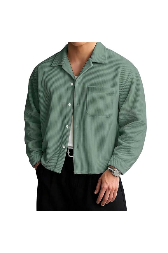 Men's Cropped Corduroy Shirt Shacket Long Sleeve Button Down Work Jackets Casual Loose Crop Shirt Jacket with Chest Pocket