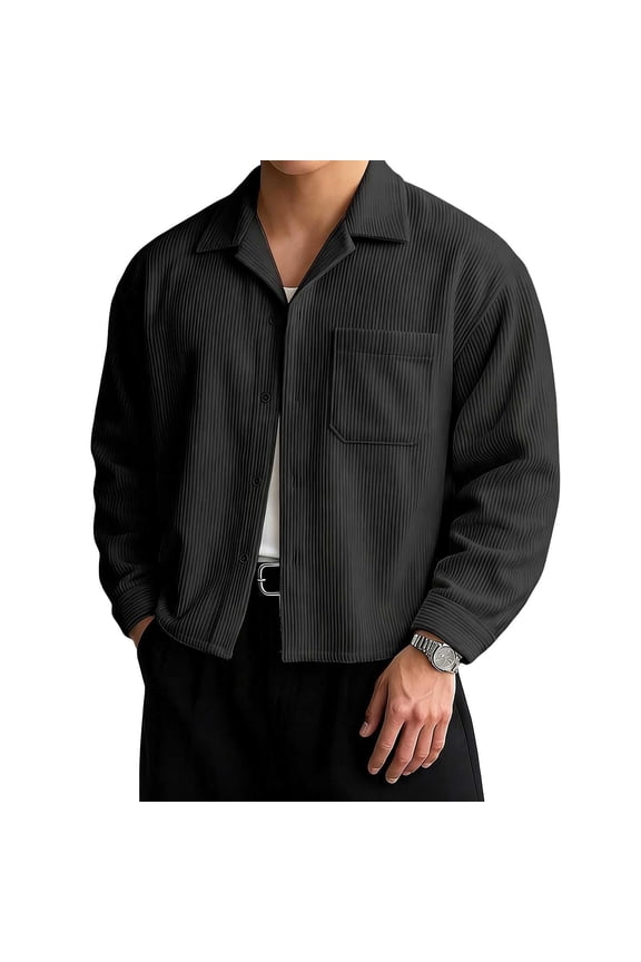 Men's Cropped Corduroy Shirt Shacket Long Sleeve Button Down Work Jackets Casual Loose Crop Shirt Jacket with Chest Pocket