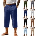 thumbnail image 1 of Men's Cropped Straight Leg Pants 3/4 Length Below Knee Drawstring Waist Lightweight Breathable Cotton Linen Blend Casual Summer Beach Travel Outdoor Lounge Shorts Dark Blue S, 1 of 4