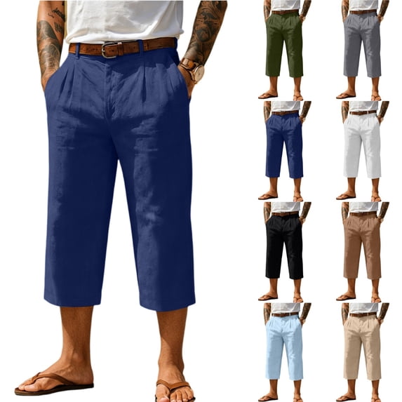Men's Cropped Straight Leg Pants 3/4 Length Below Knee Drawstring Waist Lightweight Breathable Cotton Linen Blend Casual Summer Beach Travel Outdoor Lounge Shorts Dark Blue S