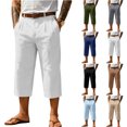 thumbnail image 1 of Men's Cropped Straight Leg Pants 3/4 Length Below Knee Drawstring Waist Lightweight Breathable Cotton Linen Blend Casual Summer Beach Travel Outdoor Lounge Shorts White 3XL, 1 of 4