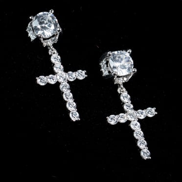 Tsv Jewelers 925 Sterling Silver Iced Cross Drop Earrings – Gold Plated, Huggie Hoop, Men’s