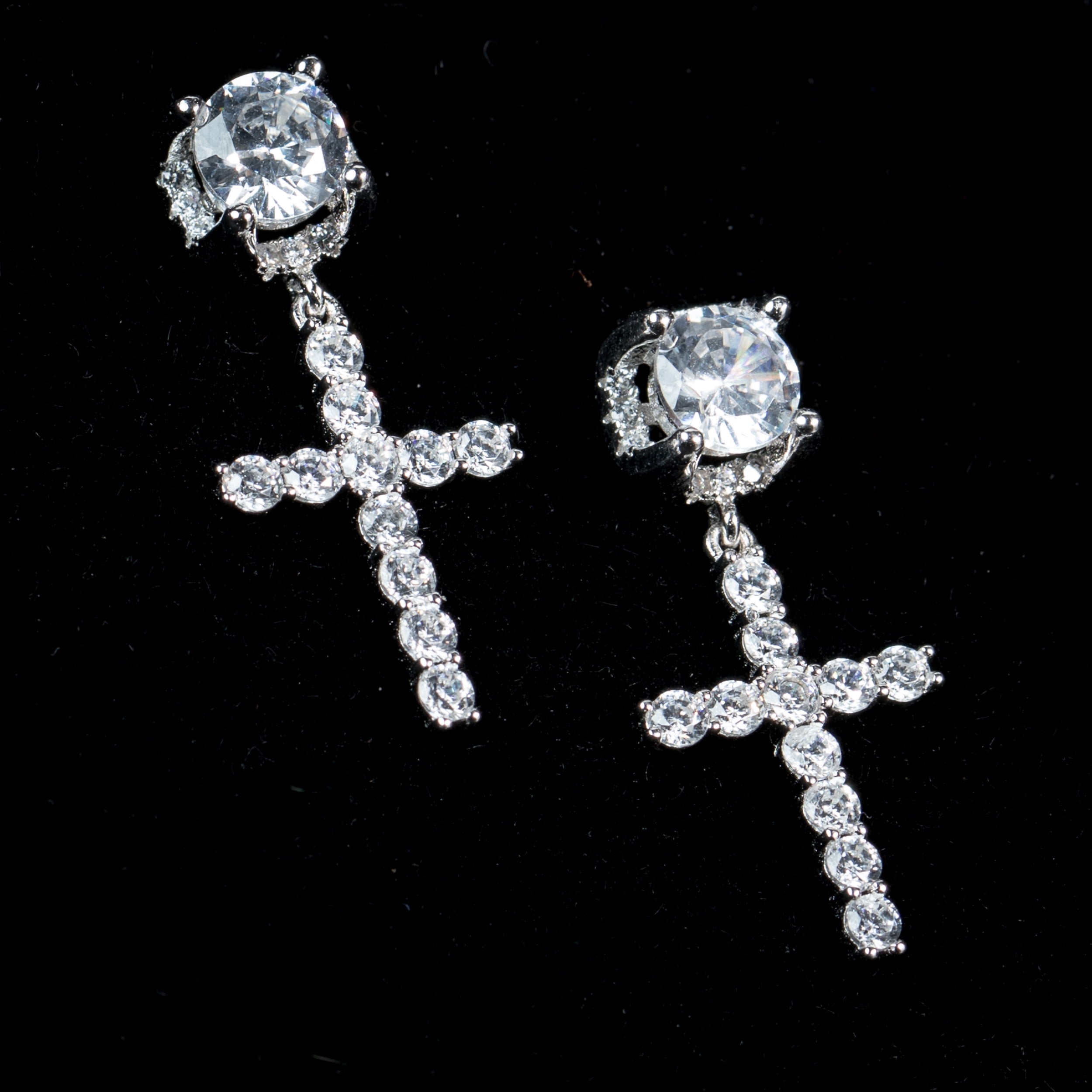 White Gold Plated 925 Sterling Silver Screw Back Post Hanging Drop Round Stud Cross Earrings for Men Women Dangle Earrings  Hip Hop Jewelry CZ Cross Dangle Earrings