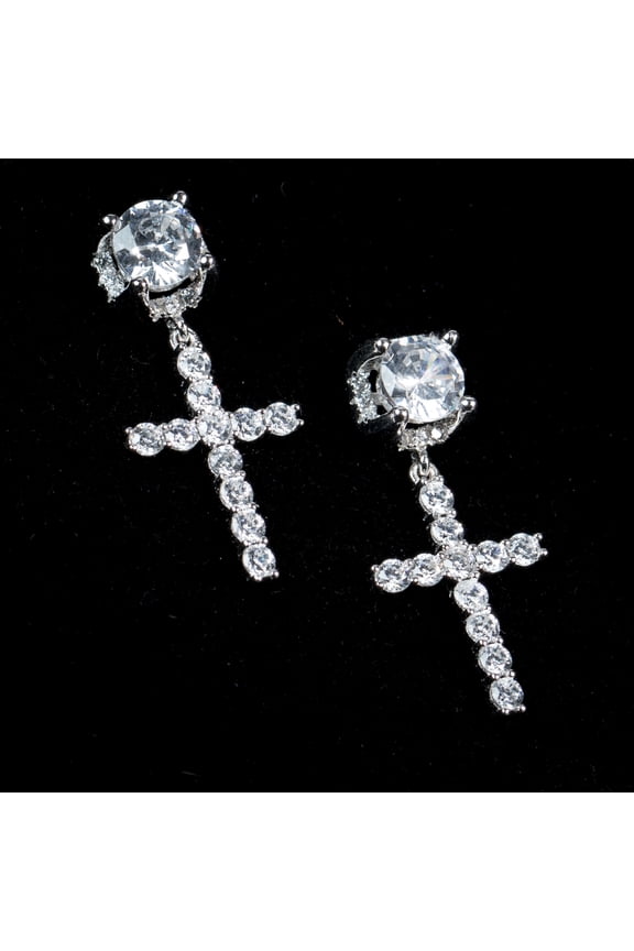 White Gold Plated 925 Sterling Silver Screw Back Post Hanging Drop Round Stud Cross Earrings for Men Women Dangle Earrings Hip Hop Jewelry CZ Cross Dangle Earrings