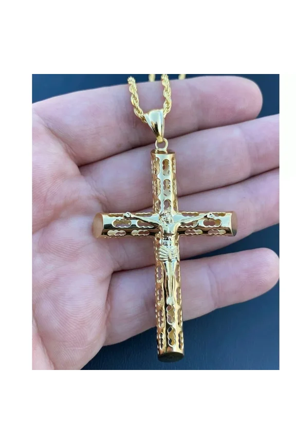 Men's Cross Jesus Piece Pendant 14K Yellow Gold Plated Silver