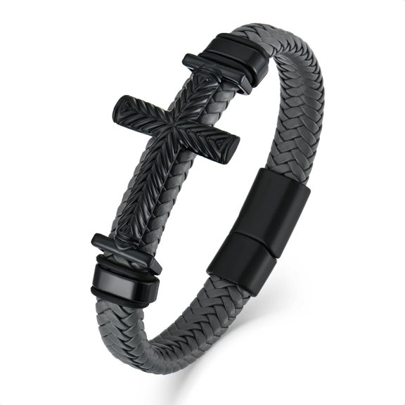 Men's Cross Leather Bracelet, Black Religious Sideway Cross Braided Faith Bracelet Bangle Wristband Christian Prayer Jewelry Gift for Men, 8.3 Inch