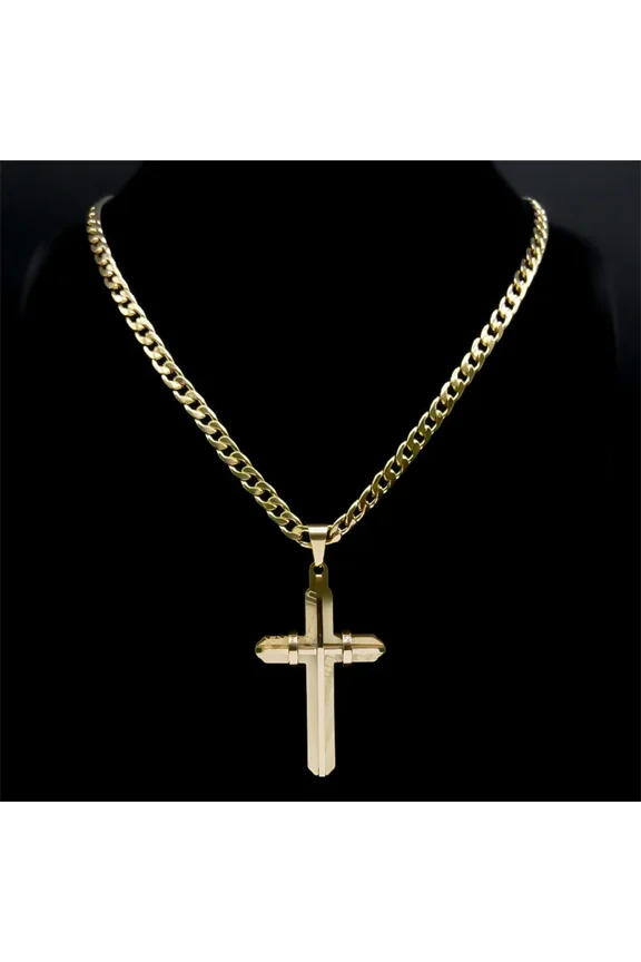 Men's Cross Male Crucifix Long Necklace for Women 14K Yellow Gold Christian Long Necklaces Biker Jewelry