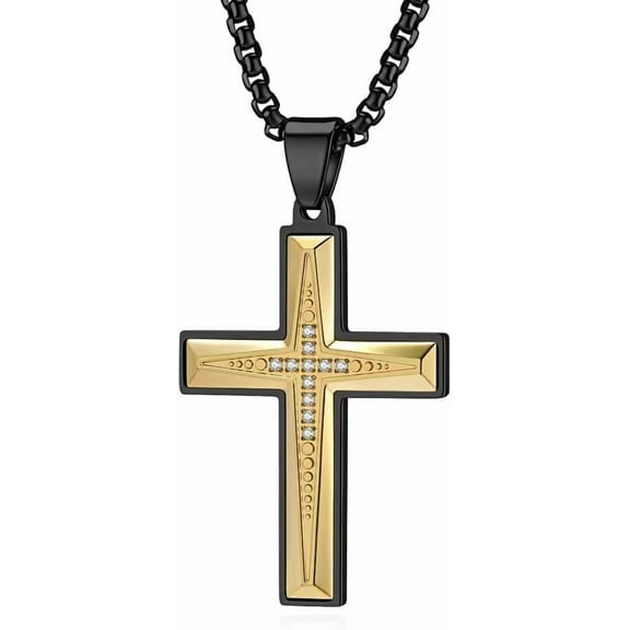 Men's Cross Necklace 316L Stainless Steel Jesus Christ Pendant Gold Plating Pendant CZ Diamond Crucifix Jewelry Rolo Chain 22"+2”