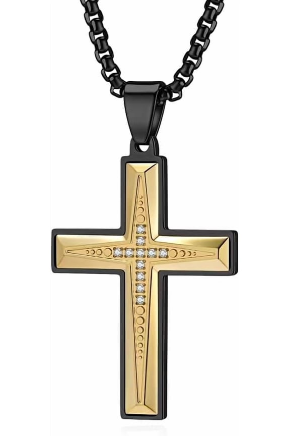 Men's Cross Necklace 316L Stainless Steel Jesus Christ Pendant Gold Plating Pendant CZ Diamond Crucifix Jewelry Rolo Chain 22"+2”