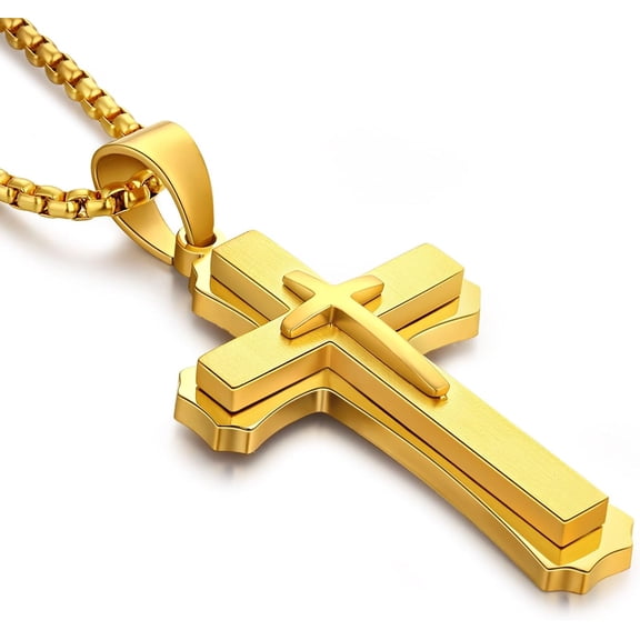 Men's Cross Necklace 316L Stainless Steel Large Heavy Cross Pendant for Men Polished Jewelry Rolo Chain with 22'' 24'' 26''